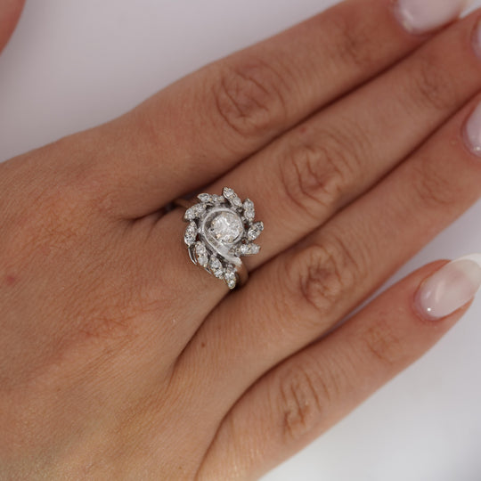 0.45 Carat Old European Cut Diamond Halo 14K White Gold Floral Engagement Ring
