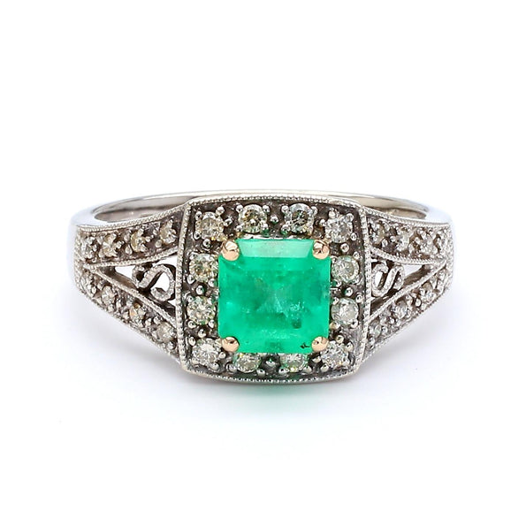 0.77 Carat Square Emerald and Diamond Filigree Halo 14K White Gold Ring