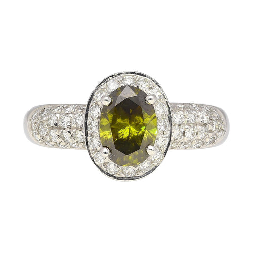 0.92 Carat Oval Cut Green Diamond Statement Ring In 18k White Gold