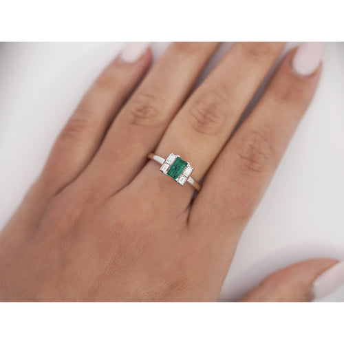 0.98 Carat Baguette Colombian Emerald, Diamond Platinum Thin Ring