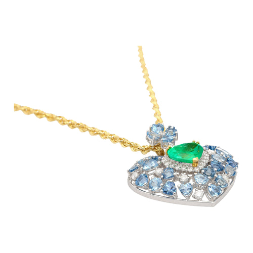 10 Carat Heart-Shape Colombian Emerald, Aquamarine, and Diamond 18K Necklace