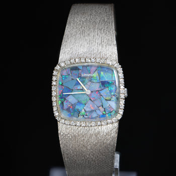 Vintage Longines Opal Mosaic Dial 34mm Diamond Bezel 18K White Gold Watch – Assay Jewelers