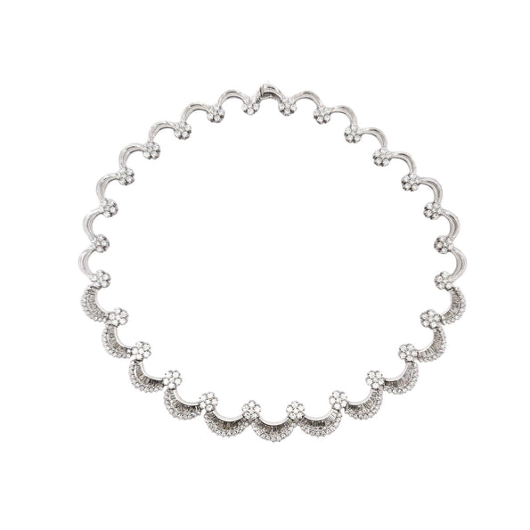 12 Carat Baguette Round Cut Diamond Floral Fan 18K White Gold Choker Necklace