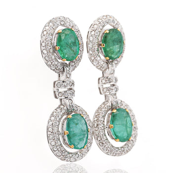 12 Carat Natural Oval Emerald & Rose-Cut Diamond Drop Earrings in 18K White Gold – Assay Jewelers