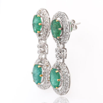 12 Carat Natural Oval Emerald & Rose-Cut Diamond Drop Earrings in 18K White Gold – Assay Jewelers
