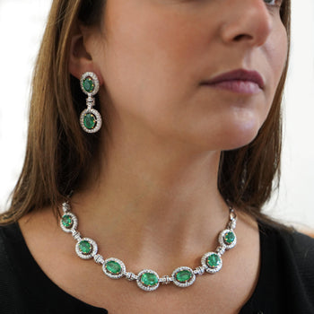12 Carat Natural Oval Emerald & Rose-Cut Diamond Drop Earrings in 18K White Gold – Assay Jewelers