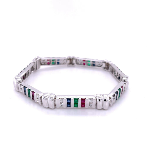 12 carat Diamond, Ruby, Emerald and Sapphire 18K White Gold Bracelet