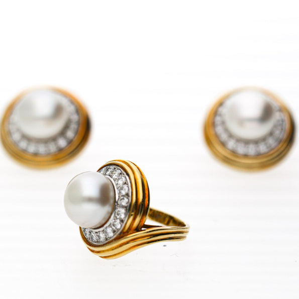 12mm South Sea Pearl & 1.38 Carat Diamond Halo Trio 18K Two Tone Gold Dome Ring