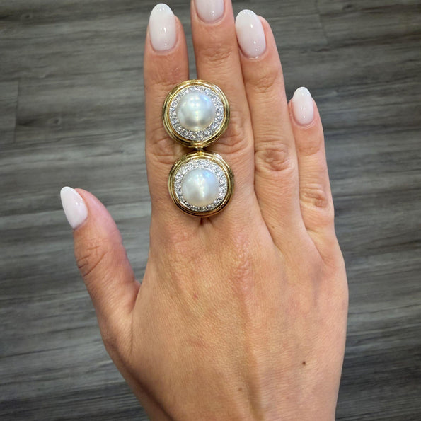 12mm South Sea Pearl 4.26 Carat Diamond 18K Two-Tone Gold Ring and Earring Set