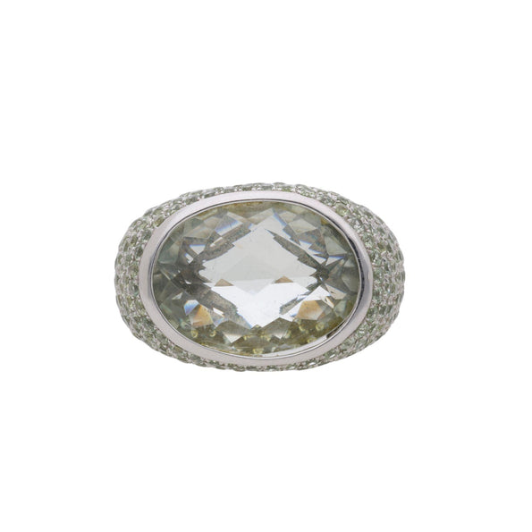 13.50 Carat Oval Checkerboard Cut Green Amethyst Pave 14K White Gold Dome Ring