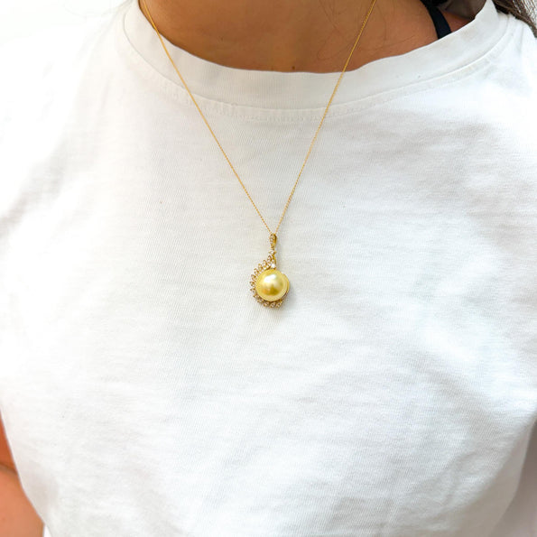13mm Golden South Sea Pearl & Diamond 18K Gold Pendant Necklace