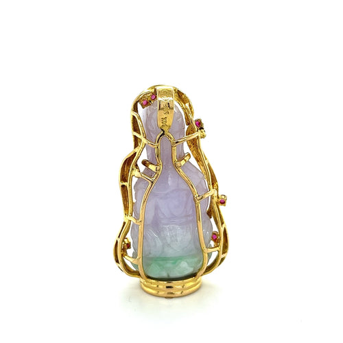 14K Gold Carved Lavender Jade Buddha Pendant Necklace