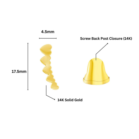 14K Gold Graduating Ear Climber Heart Earrings