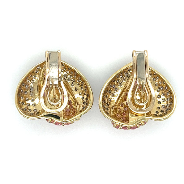 14K Gold Pink Sapphire and Diamond Heart Clip On Earrings