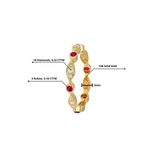 14K Gold Ruby and Diamond Bezel Stack Band 3MM Wavy Ring