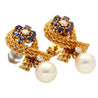 14K Gold Textured Ribbon Motif Natural Pearl, Diamond and Sapphire Stud Earrings