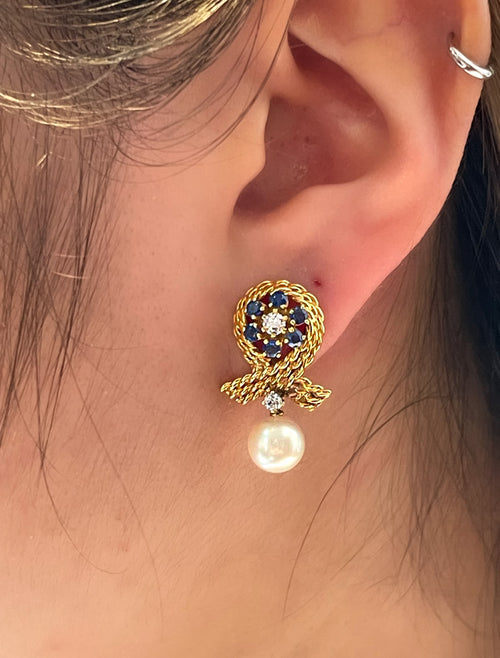 14K Gold Textured Ribbon Motif Natural Pearl, Diamond and Sapphire Stud Earrings