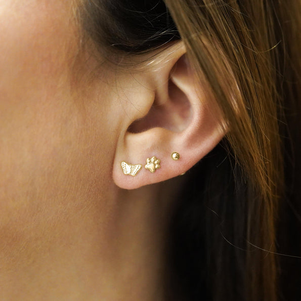 14K Solid Gold Dog Paw Stud Earrings On Screw Back