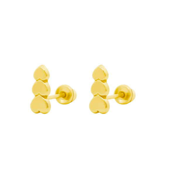 14K Solid Gold Graduating Heart Stud Earrings On Screw Back
