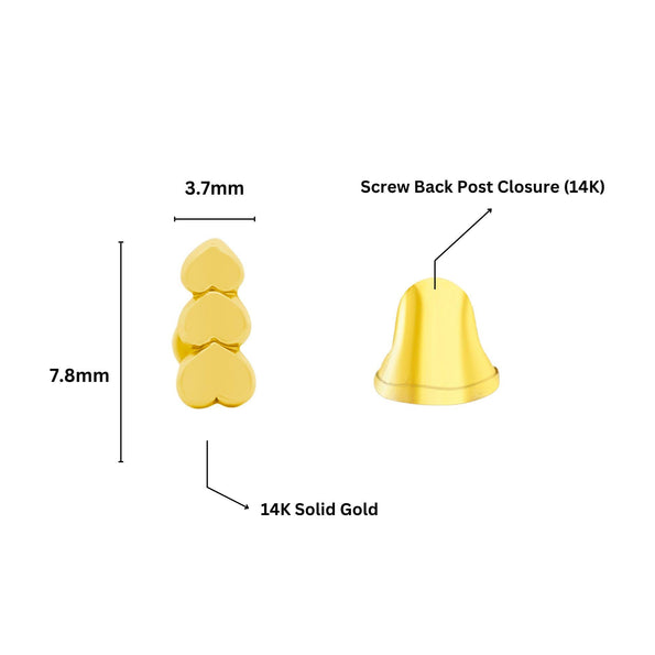 14K Solid Gold Graduating Heart Stud Earrings On Screw Back