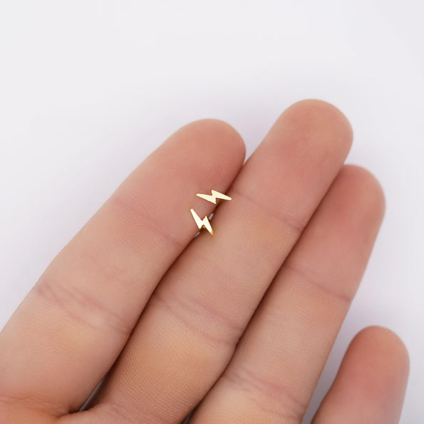 14K Solid Gold Lightning Bolt Dainty Stud Earrings in Screw Back Closure
