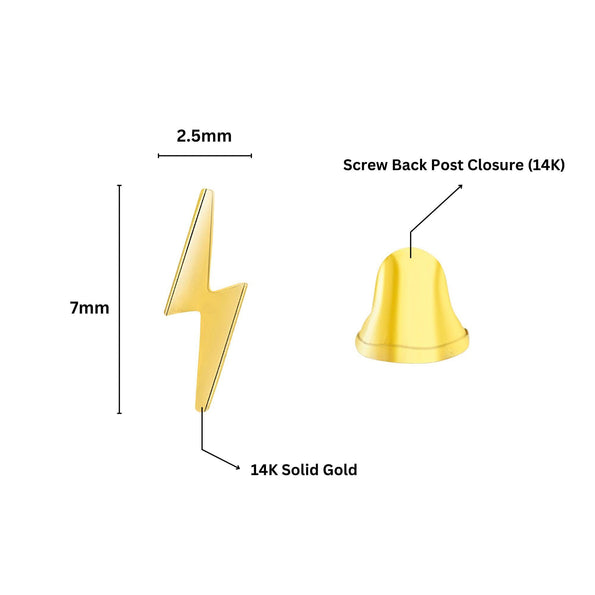 14K Solid Gold Lightning Bolt Dainty Stud Earrings in Screw Back Closure