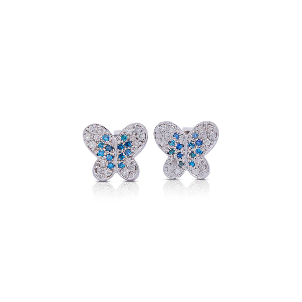 14K White Gold Butterfly Motif Blue & White Diamond Pave Stud Earring