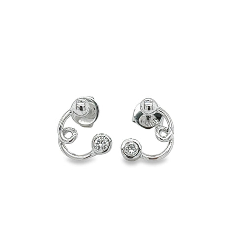14K White Gold Swirl Earrings With Round Bezel Set Diamonds