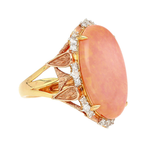 14.24 Carat Pink Opal & Diamond 18K Gold Floral Cocktail Ring
