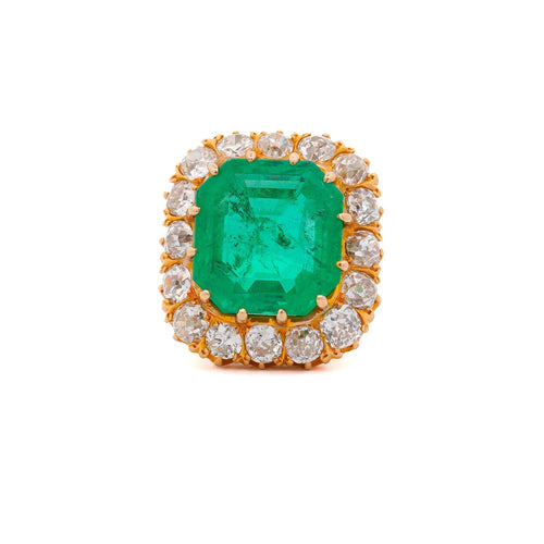 14.51 Carat Insignificant Oil Colombian Emerald & Old Euro Cut Diamond Halo Ring