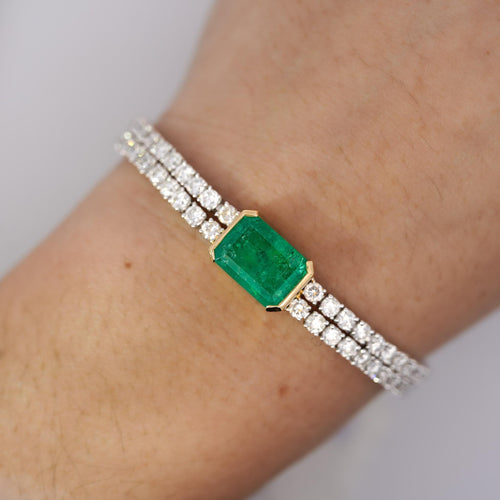 14ct Emerald Center and Diamond 2 Strand Tennis Bracelet