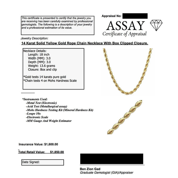 14k Solid Yellow Gold Rope Chain 18 inch/20 inch 3mm thick gold necklace