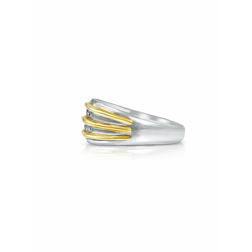 14k White and Yellow Gold Striped Mens Diamond Cluster Ring