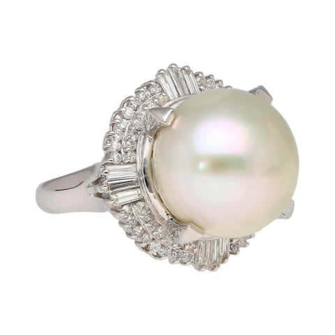 14mm Pearl with Baguette and Round Diamonds in Platinum Cocktail Ring