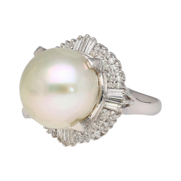 14mm Pearl with Baguette and Round Diamonds in Platinum Cocktail Ring