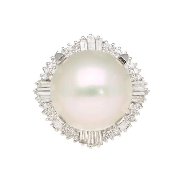 14mm Pearl with Baguette and Round Diamonds in Platinum Cocktail Ring