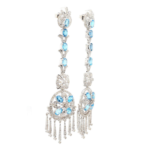 15 Carat Oval Aquamarine & Diamond 18K White Gold Retro Dangle Earrings