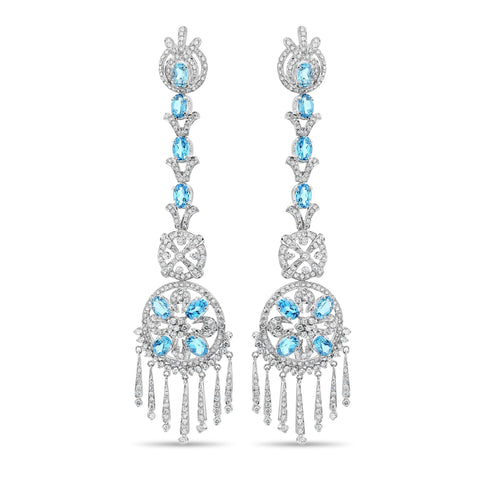 15 Carat Oval Aquamarine & Diamond 18K White Gold Retro Dangle Earrings