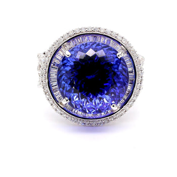 15.50 Carat Round Tanzanite & 1.50 Carat Diamond Double Halo 14K White Gold Ring – Assay Jewelers