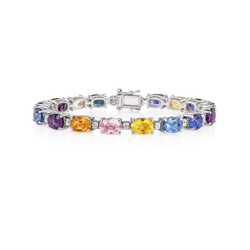 15.63 Carat Multi Color Sapphire & Diamond Bracelet in 18K White Gold Station