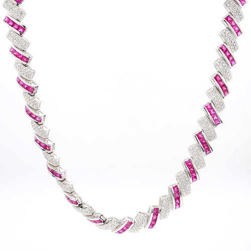 16.25 Carat Ruby & Diamond 18K White Cascade Link Necklace