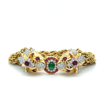 18K Gold & Platinum Double Headed Biting Lion Multi Rope Chain Bracelet With Emeralds, Diamonds, & Rubies – Assay Jewelers
