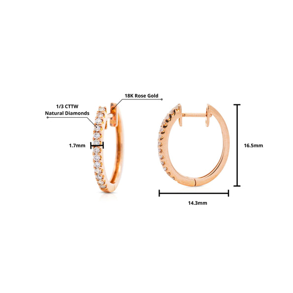 18K Rose Gold 1/3 Carat Huggie Hoop Earrings Latch Backs