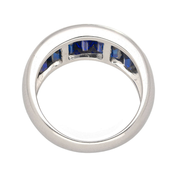 18K Solid White Gold Channel Set Baguette Cut Blue Sapphire Band Ring
