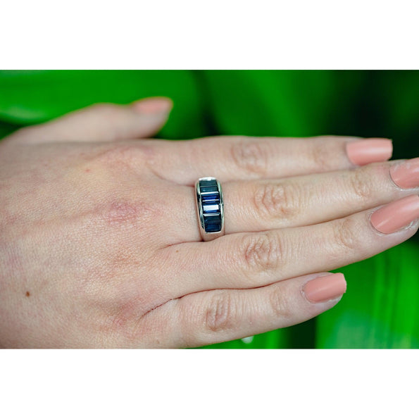 18K Solid White Gold Channel Set Baguette Cut Blue Sapphire Band Ring