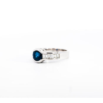 18K White Gold Bezel and Channel Set Oval Cut Blue Sapphire & Baguette Diamond Ring – Assay Jewelers