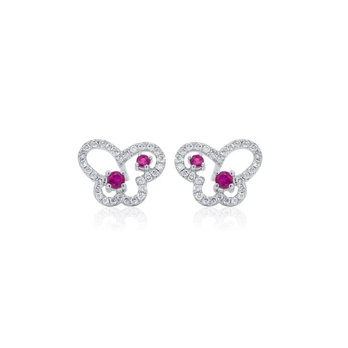 18K White Gold Ruby and Diamond Butterfly Outline Stud Earrings