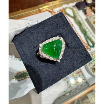 18K White Gold Type A Jadeite Jade Cabochon Cut Triangle Shape and Diamond Halo Ring – Assay Jewelers