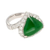 18K White Gold Type A Jadeite Jade Cabochon Cut Triangle Shape and Diamond Halo Ring