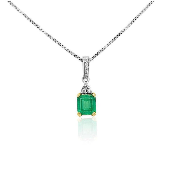 18K Solid Gold Natural Colombian Emerald and 3 Round Diamonds on Top Pendant Necklace